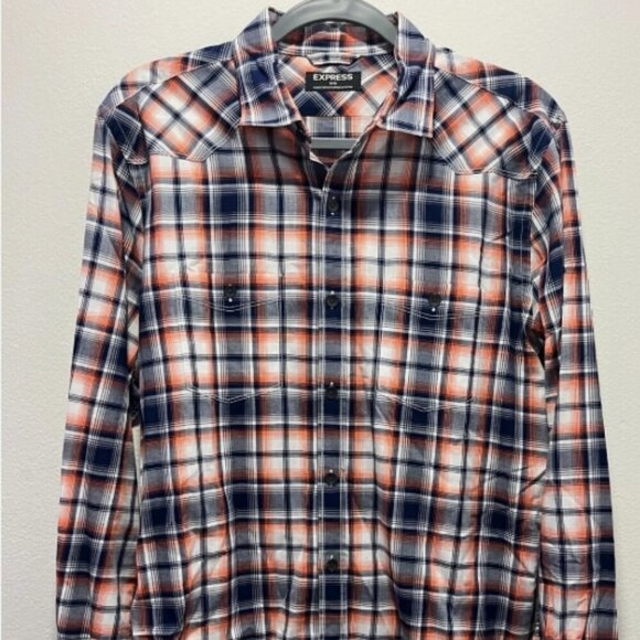 Express Dress Shirt Men SzM Multicolor Check Long Sleeve Orange Black Wht Cotton - Picture 1 of 3